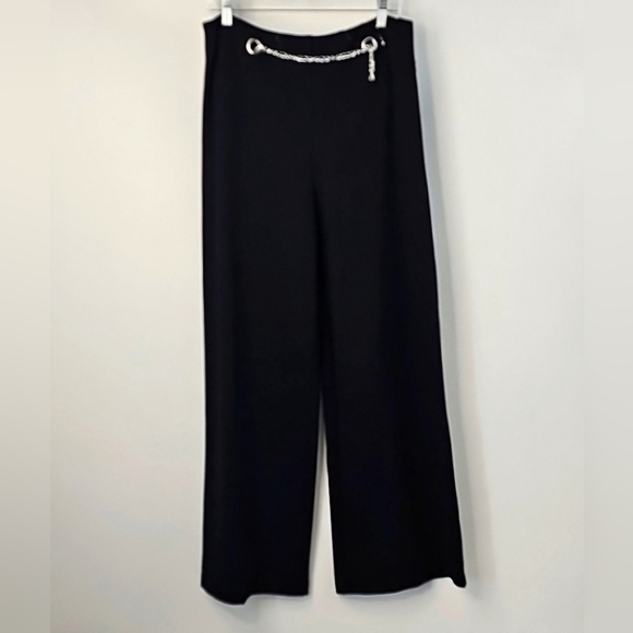 Nicole Miller Mid Rise Wide Leg Black Pullon Pants w Silver Chain Sz: Large - Picture 1 of 7